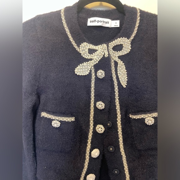 SELF-PORTRAIT Navy Embellished cropped cardigan & matching skirt SZ M $730 - Picture 7 of 11